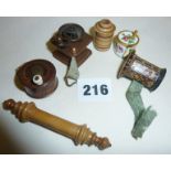 Antique novelty Treen sewing accessories, dressmaker's tape measures in the form of a coffee grinder