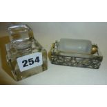 Edwardian glass stamp moistener with silver Art Nouveau decoration and a similar glass inkwell