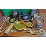 Chinese brass and wood handled page-turner (A/F), silver plate wine coaster pewter dish and other