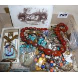 Box of assorted vintage jewellery, enamelled Masonic medal, braille watch etc