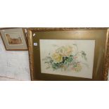 Watercolour of roses by E M Wray, 1905 and a small watercolour of a village scene with figures (