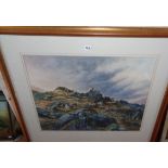 Large watercolour of rocky landscape with sheep by Derry SHANNON (Ireland)
