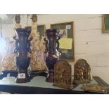Pair of Oriental bronze vases, pair Japanese figural resin table lamps, brass bookends etc