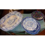 Quantity of blue and white transfer decorated meat platters and plates