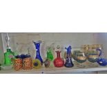 Collection of assorted coloured glass, including lamps, animals and drinking glasses