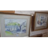 Watercolour of Corfe Castle village by N J Lynskey, 1976 and another by S. Hawell