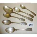 Six assorted silver spoons - five teaspoons, one serving spoon (all London hallmarked for early 19th