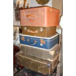 Two old laundry boxes and two vintage suitcases