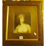 Victorian colour print portrait of a lady in carved oak frame