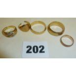 Five 9ct gold rings, wedding bands etc and one scrap signet ring. Approx 17g