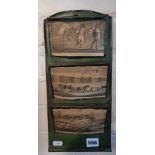 American Folk Art tin letter rack with various engraved scenes of domestic life, early 19th century