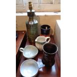Studio Pottery: A Briglin lamp base, Poole Aegean vase and four other pieces