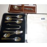 Cased hallmarked silver cutlery, set of six teaspoons and sugar tongs and an Art Deco spoon