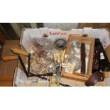 Box of assorted cutlery, two wind-out table handles, thermometer etc