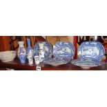 Shelf of assorted Oriental blue and white china vases and dishes including Sake bottles and