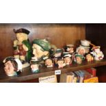 Shelf of miniature Royal Doulton character jugs and others