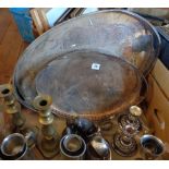 Two galleried oval silver plated trays, other silver plate and brassware