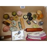 Good lot of Treen sewing accessories, thread and needle cases, miniature dominoes in case,