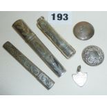 Hallmarked silver Georgian sewing needle case, others similar, engraved silver Hospital fob medal