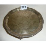 Silver calling card tray with pie-crust edge and ball and claw feet, hallmarked for London 1903,