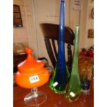 1950's Murano glass, two Sommerso vases, an orange glass lidded bon-bon dish and another