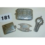 Good lot of hallmarked silver pieces, fob or chatelaine letter-shaped stamp case, vesta engraved