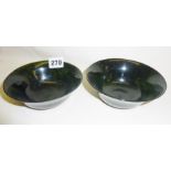 Pair of Oriental spinach jade bowls, approx 5.25" rim dia
