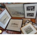 Framed etching of Pier Head, Liverpool by Ray Allen, etching of St Pauls from The Thames and eight