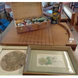 Shove H'apenny board, a cased set of boules with jacks, another set and two botanical pictures