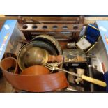 Brass desk bell, drawing instruments, pipe rack, hip flasks