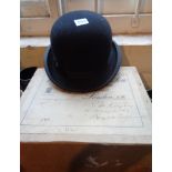 Gentleman's Bowler Hat in cardboard box labelled 'Walter Barnard & Son, London'