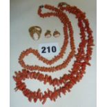 Two antique coral necklaces, and a 9ct gold cameo ring (approx Size O), together with a pair of