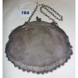 Silver coloured metal mesh purse with Art Deco details and clasp set with blue glass acorns