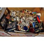 Box of assorted items including costume jewellery, wrist watches, serviette rings etc