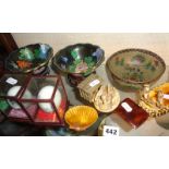 Pair of Cloisonné bowls on stands, a Chinese plique-à-jour glass bowl with enamelled flowers and