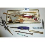 Interesting lot of 19th c. sewing implements - lace bobbins, chatelaine scissors, crochet hooks,