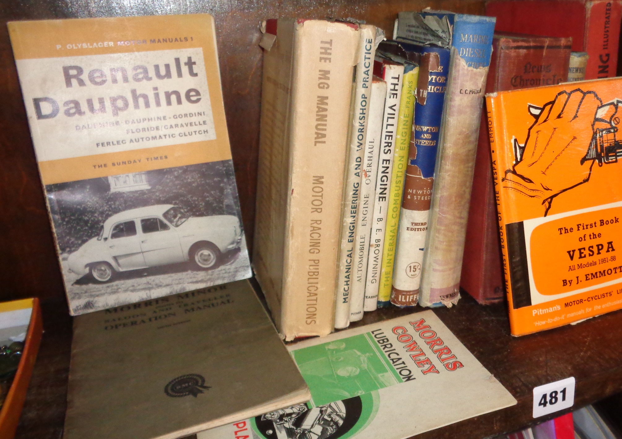 Assorted vintage engineering and classic car/motoring books including Vespa, Morris and Renault