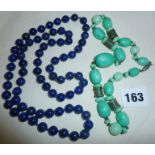 Old Chinese Jade coloured Peking glass bead necklace and a lapis lazuli beaded necklace