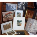 Box of old framed prints, paintings, etchings etc