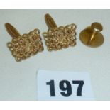 Pair of 9ct gold 1970s textured cufflinks, and a 9ct gold stud, approx 13g