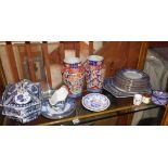 Victorian blue and white china dinner service and other china including a pair of Imari vases (A/F)
