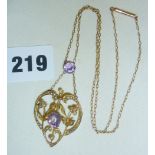 Edwardian Arts and Crafts or Art Nouveau 9ct gold amethyst and seed pearl lavaliere pendant on gold