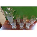 1950's shaped and painted glass lemonade set of jug and six matching glasses