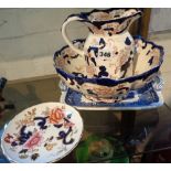 Three pieces of Masons "Mandalay" pattern jug and basin, and a similar blue and white platter