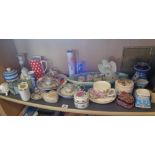 Shelf of assorted china and pottery including boxes, chambersticks etc