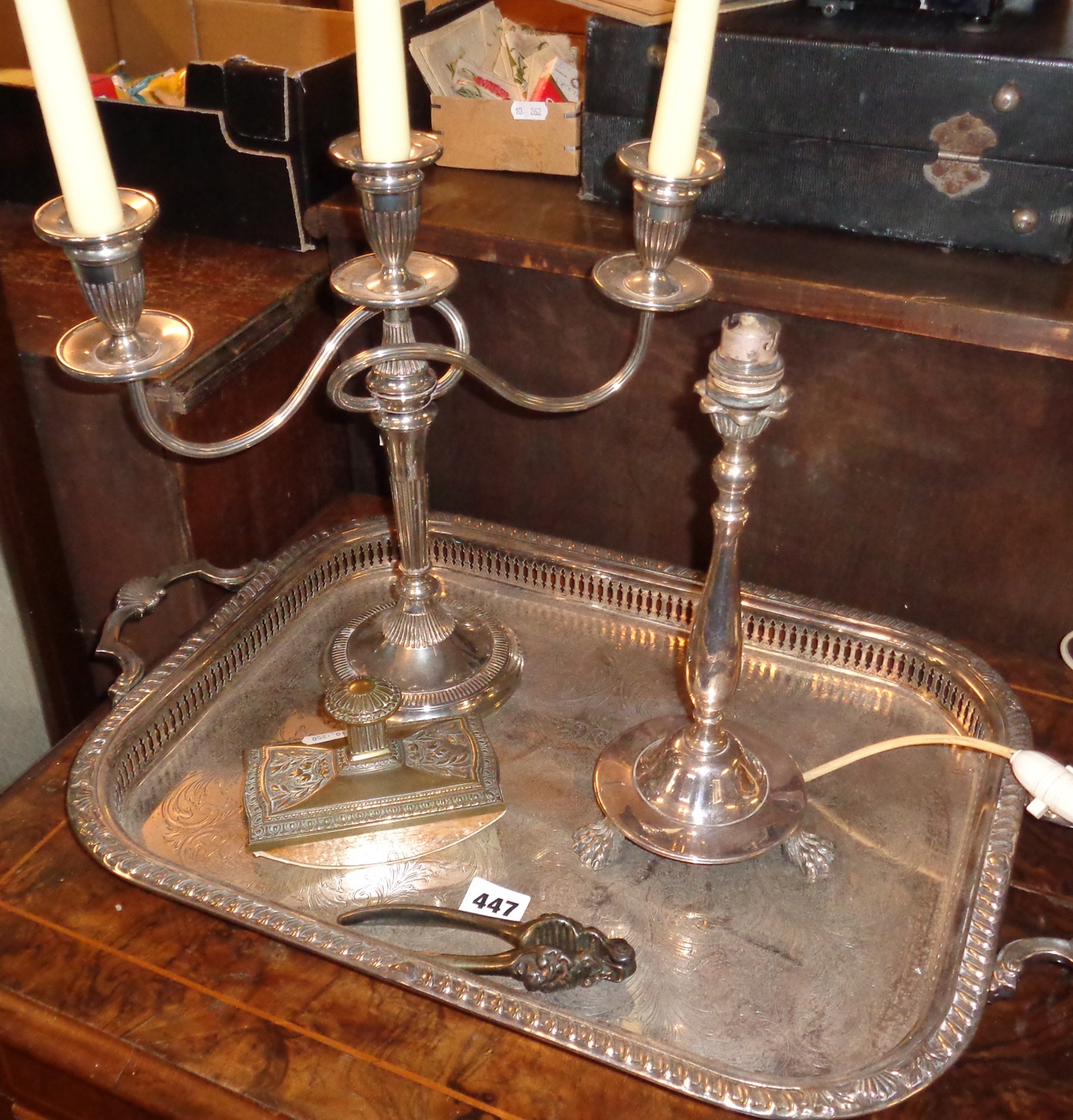 Silver plate butler's tray, candelabra, desk lamp, nut crackers and blotter