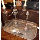 Silver plate butler's tray, candelabra, desk lamp, nut crackers and blotter