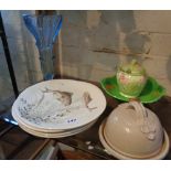 Five Johnson Bros fish decorated plates, a stoneware butter dish with mouse decoration, an Art