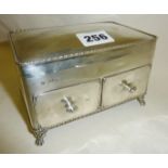 Silver jewellery chest or box with velvet lined interior and two drawers under, hallmarked for