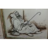 Contemporary humorous pen and ink study of a sleeping bearded Middle Eastern pilgrim, signed, 64cm x